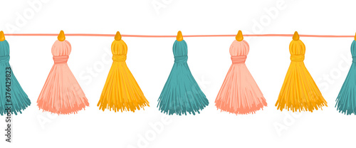 Tassels seamless vector border. Colorful decorative tassels horizontal repeating pattern. Great for cards, party invitations, wallpaper, packaging, fabric trim, ribbon, footer, divider, letterhead photo