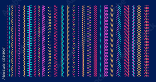 Vector colorful sewing machine stitches. Seamless sewing seam lines pattern for fabric structure. Embroidery cloth edge texture. Stitching seams, stitched sew. Fashion seam brush