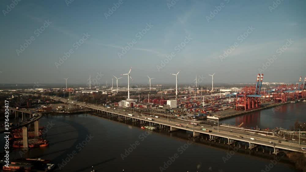 Wind turbines and container port, Port of Hamburg, Germany Wind turbines and container port, Port of Hamburg, Germany