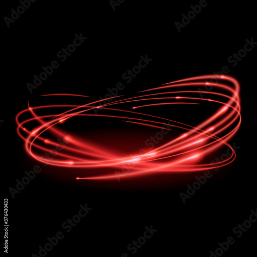 Neon circles pink sparkling trail. Rotating ellipses with light effect