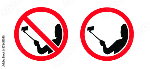 No Selfies Day. Stop no Selfie stick sign. Forbid No camera zone or photo prohibition signs. Do not with mobile phone camera, smartphone tablet a family portrait area. Self pictures not allowed