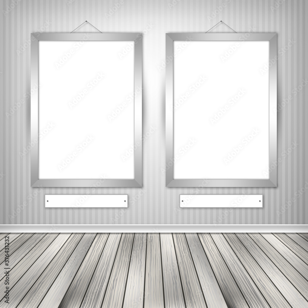 Gallery interior with two empty frames on wall Gallery interior with two empty frames on wall
