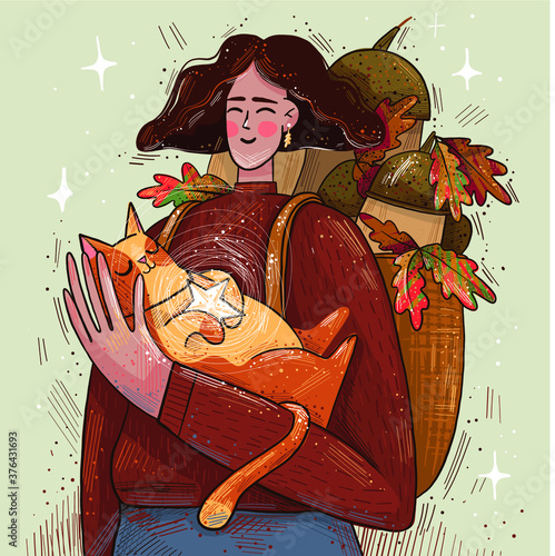illustration of a girl with a cat. Autumn leaves, acorns, walking with a pet. Hugs with a cat. Autumn illustration greeting card for mood.