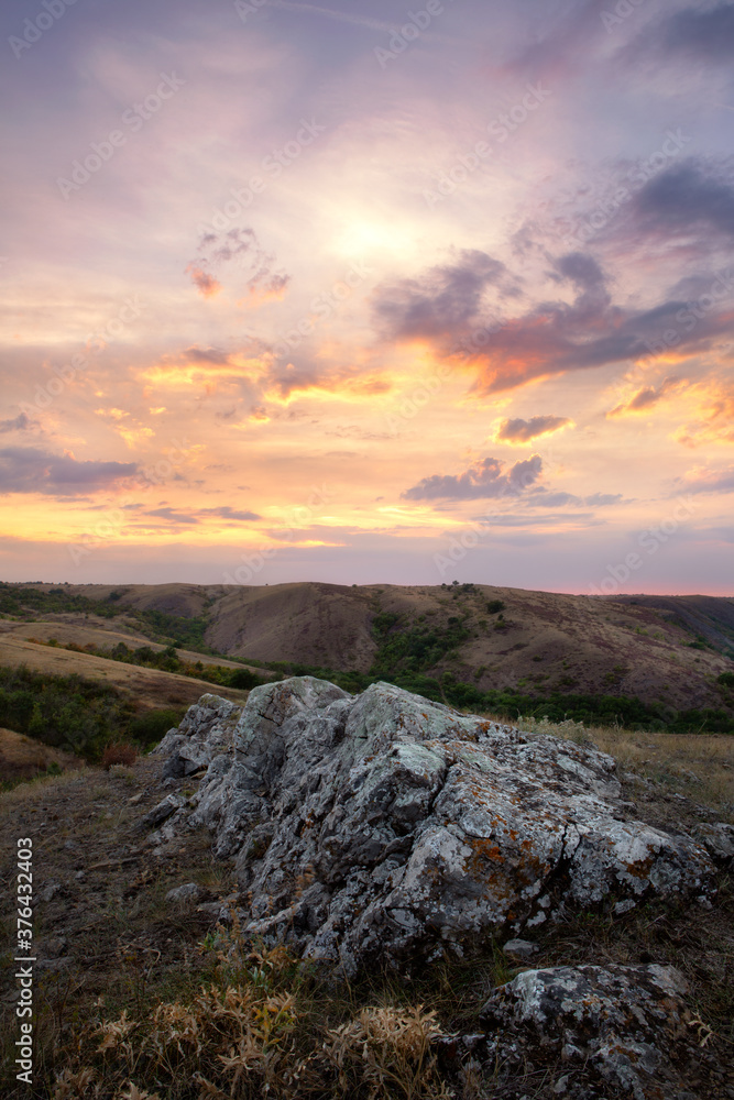 Hills, stones, Donetsk ridge.On the Sunset. .landscape