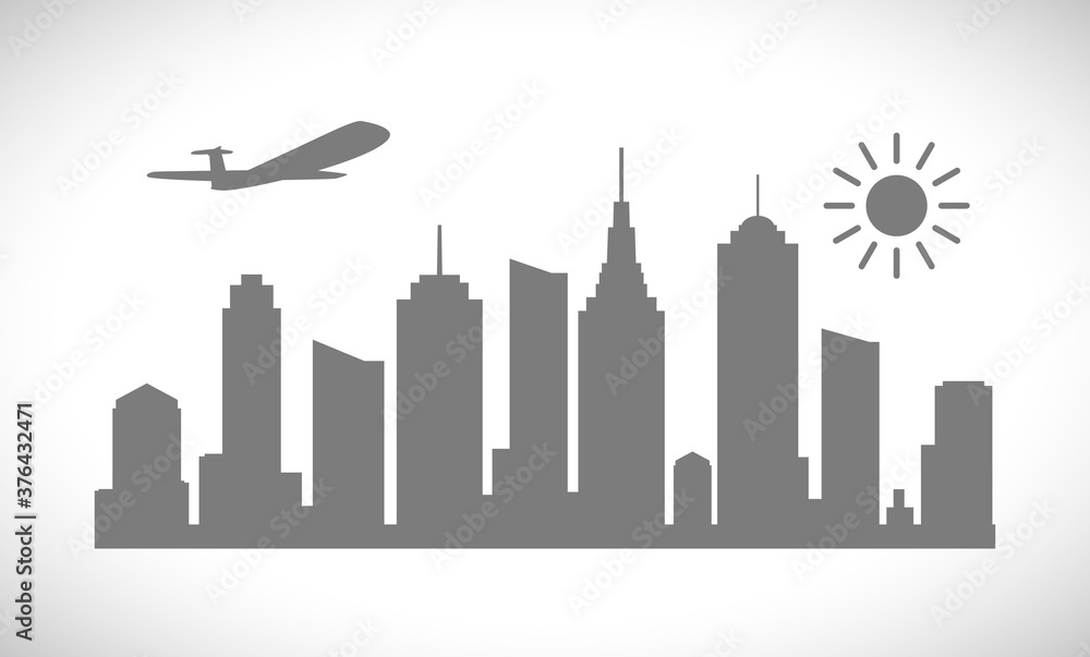 cityscape with plane and sun