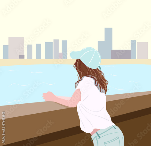 A flar vector style girl looking at the sea