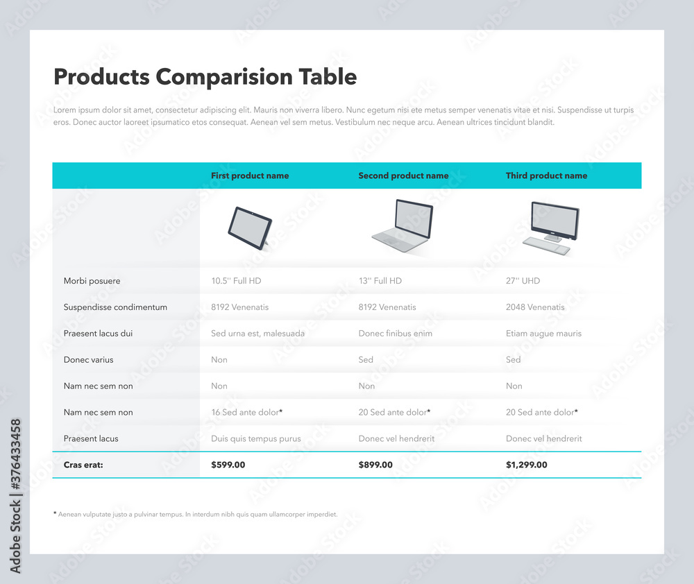Three products comparison table layout with place for description. Flat infographic design template for website or presentation.
