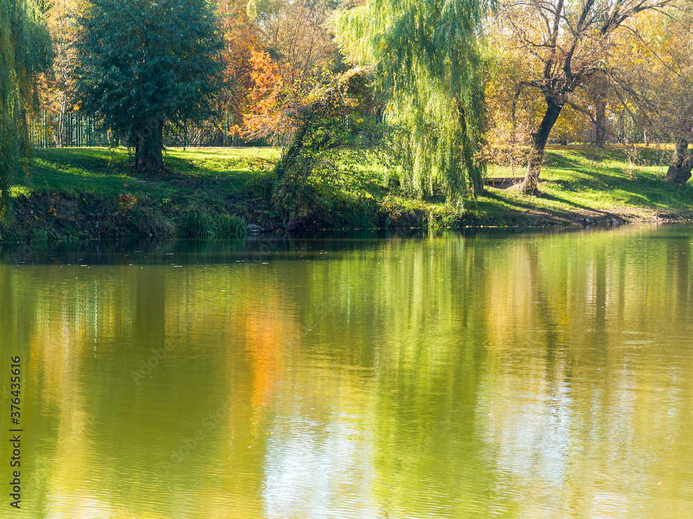 Authentic autumn landscape pond in city park. Yellow leaves fall to ground and into the water. Colorful autumn landscapes with warm colors and footpath covered with sheets. People relaxing in park Authentic autumn landscape pond in city park. Yellow leaves fall to ground and into the water. Colorful autumn landscapes with warm colors and footpath covered with sheets. People relaxing in park