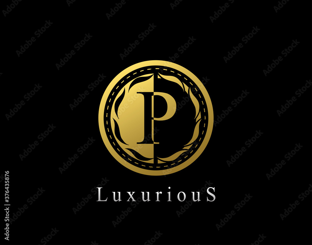 Luxury Circle P Letter Floral Design. Vintage Gold P Royal Logo Icon.
