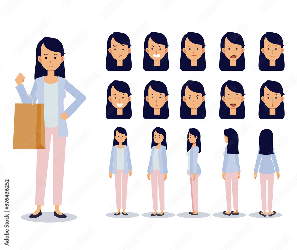 Fototapeta premium Set of Flat Vector Character woman wear casual clothing with various views, Cartoon style.