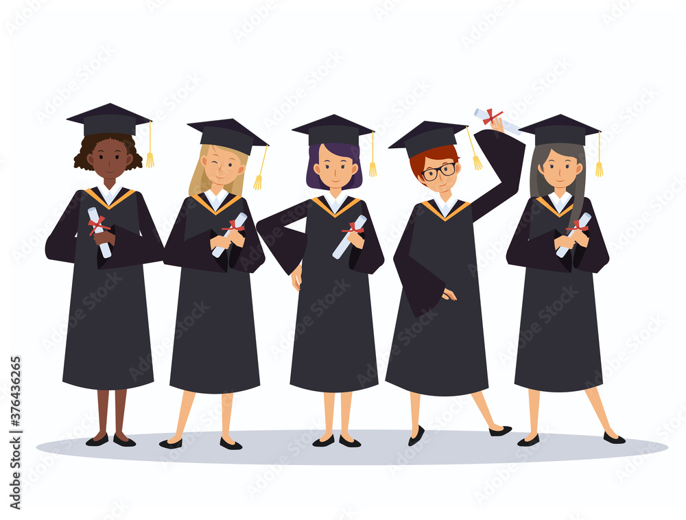 Woamn girl Group happy smiling graduates in graduation gowns holding diplomas in their hands .Vector illustration concept graduation ceremony cartoon style Woamn girl Group happy smiling graduates in graduation gowns holding diplomas in their hands .Vector illustration concept graduation ceremony cartoon style