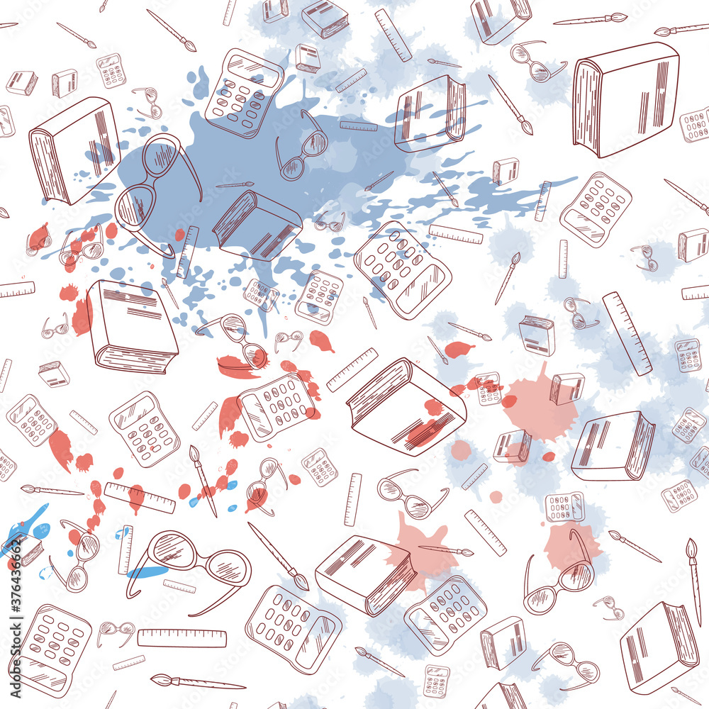 School seamless background, pattern with linear icons and multicolored blots. School accessories. educational background. vector illustration. School seamless background, pattern with linear icons and multicolored blots. School accessories. educational background. vector illustration.