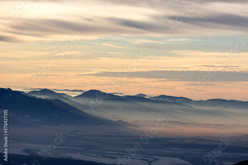 mist in valley at sunset