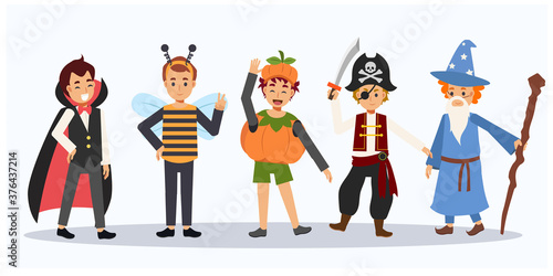 Vector cartoon of Cute Halloween characters.Children in Halloween costume. Halloween kids.