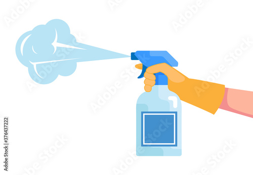 hand holding disinfectant spray bottle. surface disinfection spraying concept illustration flat design vector. simple and modern style graphic elements for website, web pages, templates, info graphic