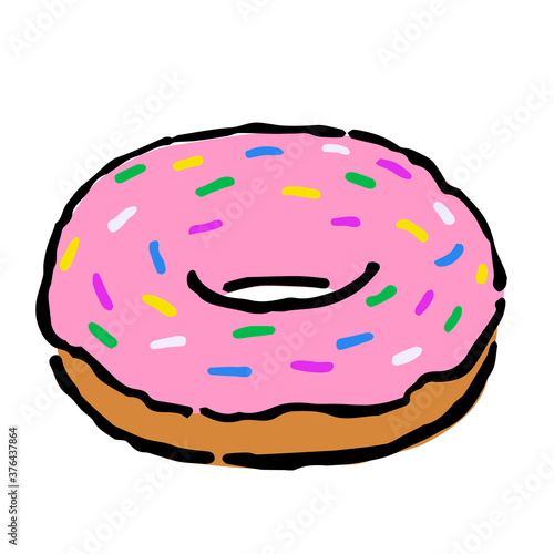 Illustration of Donut with pink glaze: Illustration like hand drawn illustration with ink and brush