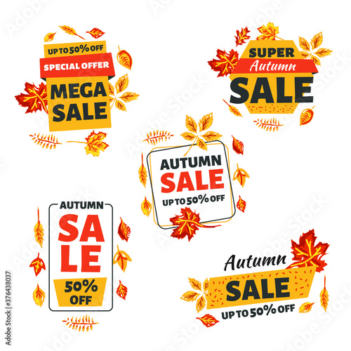 Set of red autumn sale colored stickers and banners. Big set of beautiful discount and promotion banners. Advertising element. Sale banner tag. Geometric shapes and confetti. Vector illustration.