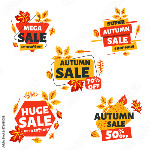 Set of red autumn sale colored stickers and banners. Big set of beautiful discount and promotion banners. Advertising element. Sale banner tag. Geometric shapes and confetti. Vector illustration.