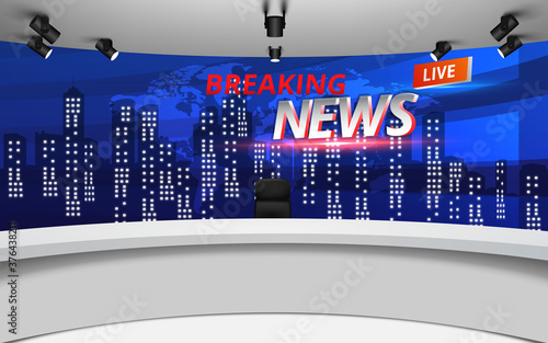 news studio with city in the night background	