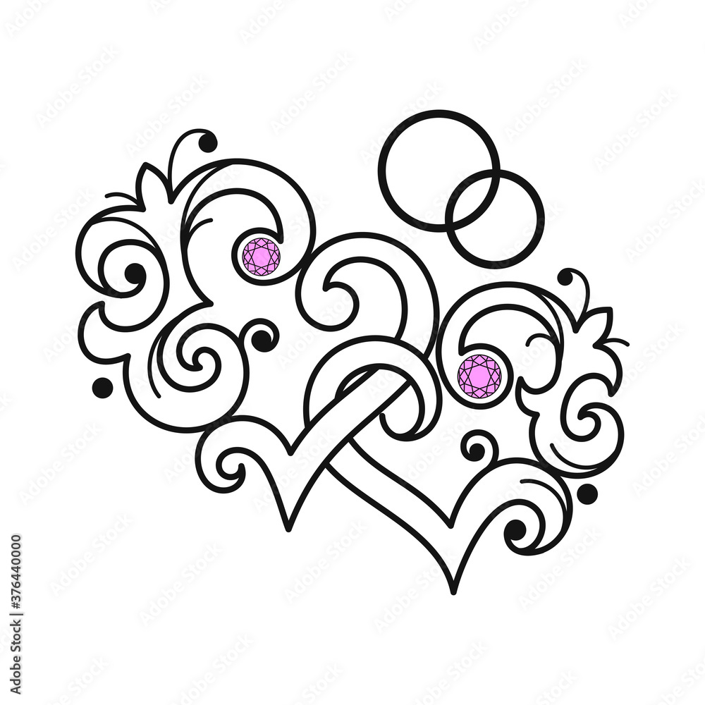 Two stylized hearts. Black and white line graphics. Marriage symbol. Two stylized hearts. Black and white line graphics. Marriage symbol.