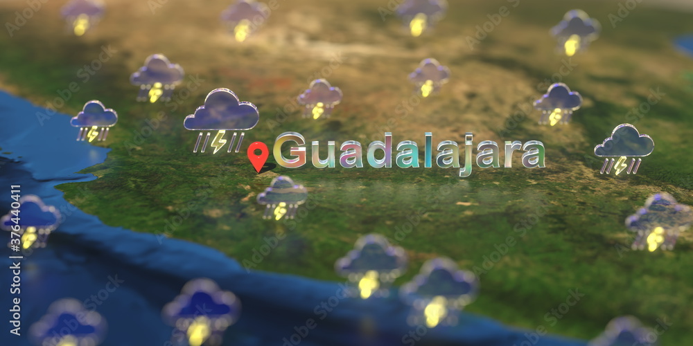 Stormy weather icons near Guadalajara city on the map, weather forecast related 3D rendering Stormy weather icons near Guadalajara city on the map, weather forecast related 3D rendering