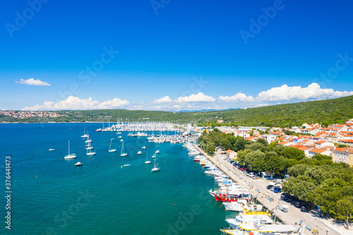 Marina in town of Punat on Krk island  Kvarner bay  Croatia  aerial view from drone 