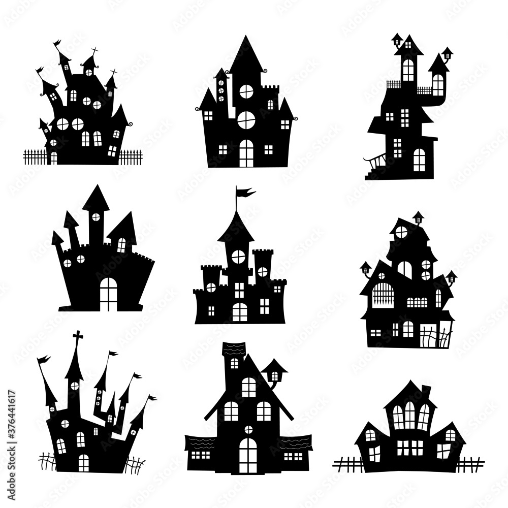Set of haunted houses for Halloween. Collection of castles with monsters. silhouette a scary house