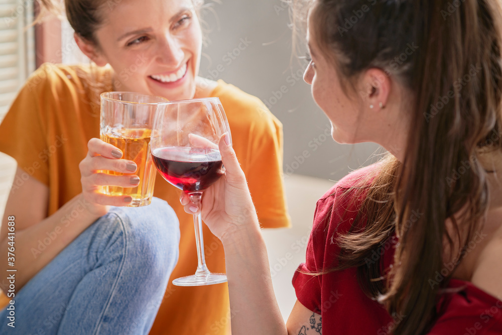 Smiling best friends toasting and sitting at home Smiling best friends toasting and sitting at home