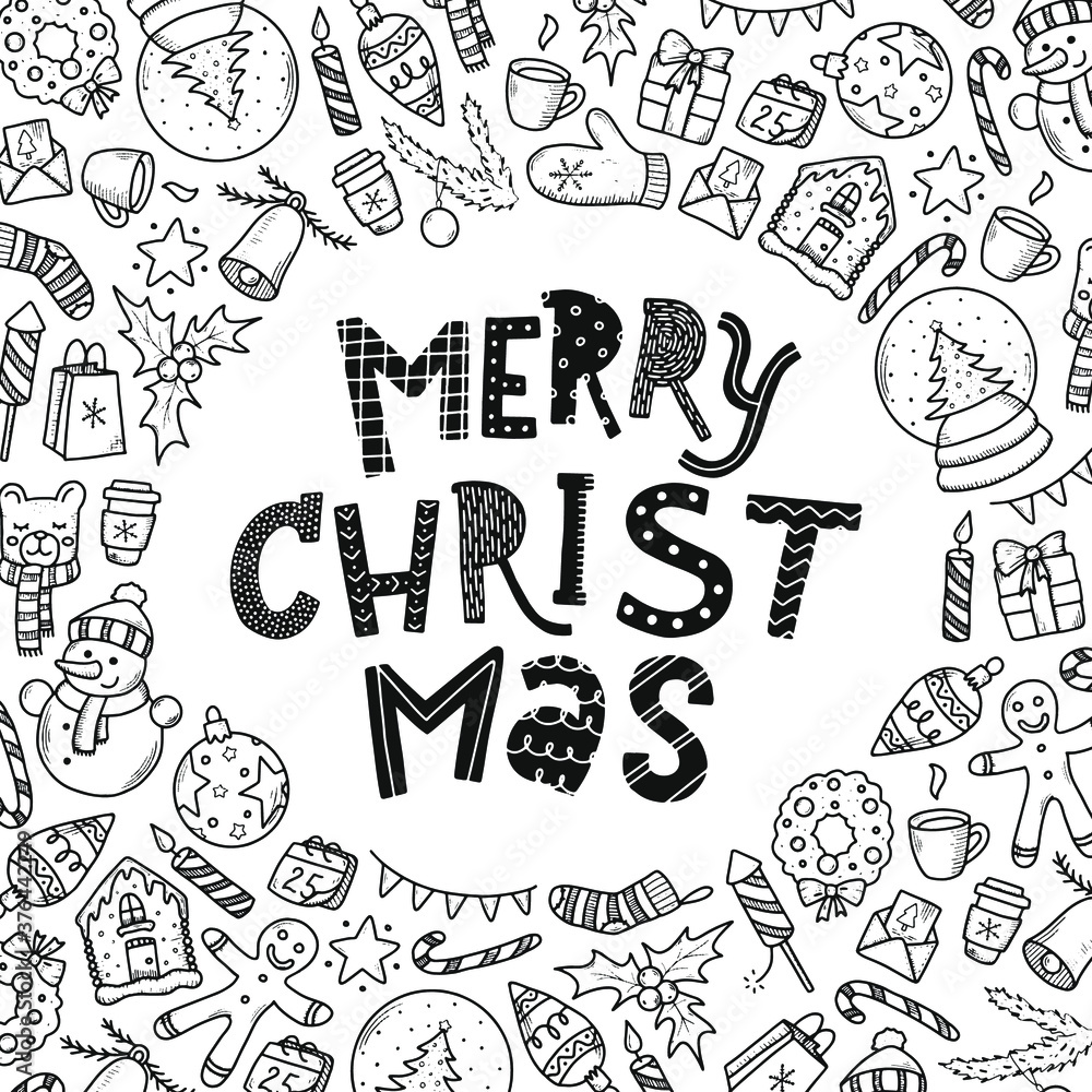 creative 'Mery Christmas' hand lettering quote decorated with frame of doodles on white background. Good for posters, prints, cards, signs, invitations, logos, banners, etc. EPS 10