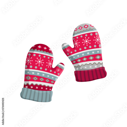 Pair of knitted winter mittens isolated on white background. Vector illustration. Warm mitten icon. Christmas greeting card with mittens. Bright colors.