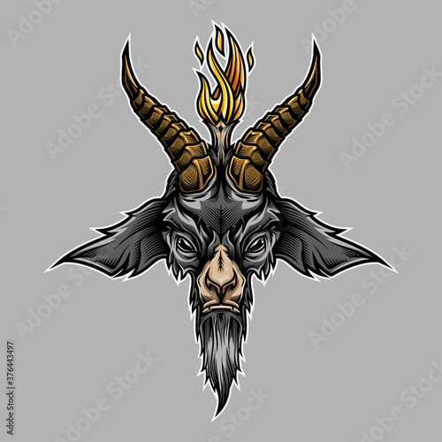 Baphomet goat head. Colorful vector illustration in stylish engraving technique of goat head with torch light. Occult symbol. Isolated on black background.