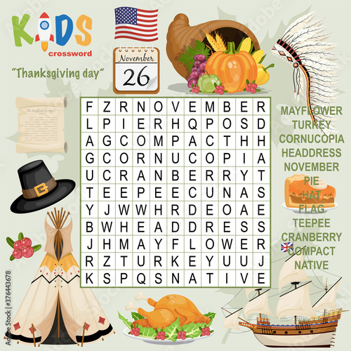 Easy word search crossword puzzle "Thanksgiving day", for children in elementary, primary and middle school. Fun way to practice language comprehension and expand vocabulary. Includes answers.