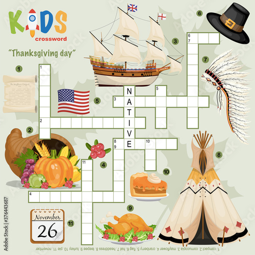 Easy crossword puzzle "Thanksgiving day", for children in elementary, primary and middle school. Fun way to practice language comprehension and expand vocabulary. Includes answers.
