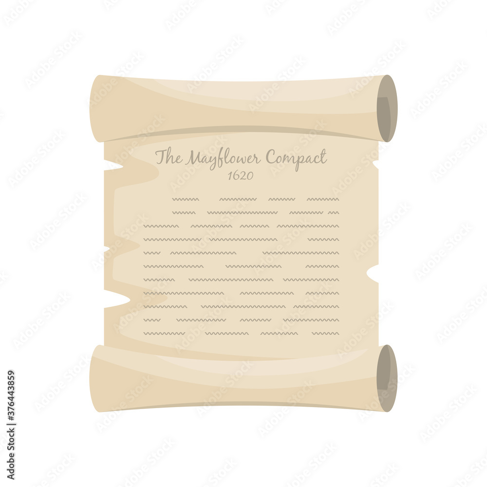The Mayflower Compact 1620 old pergament. Cartoon vector illustration for Thanksgiving holiday. - obrazy, fototapety, plakaty 