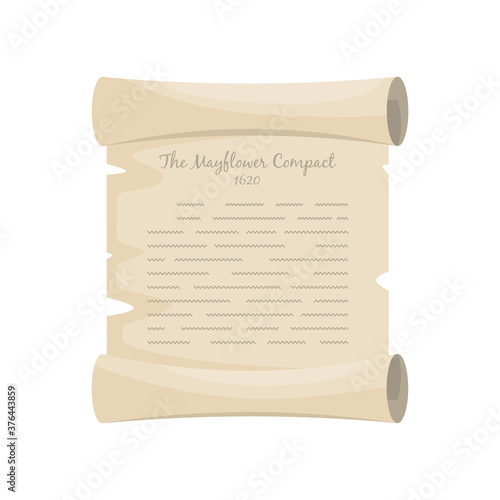 The Mayflower Compact 1620 old pergament. Cartoon vector illustration for Thanksgiving holiday.
