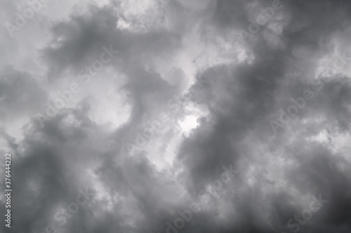 Dark dramatic cloudy overcast sky with thunderstorm clouds. Natural bad weather and climate sky background.