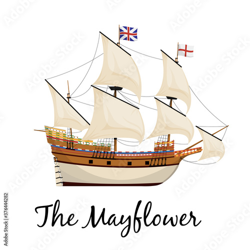 The Mayflower ship. Piligrim ship. Cartoon vector illustration for Thanksgiving day holiday.