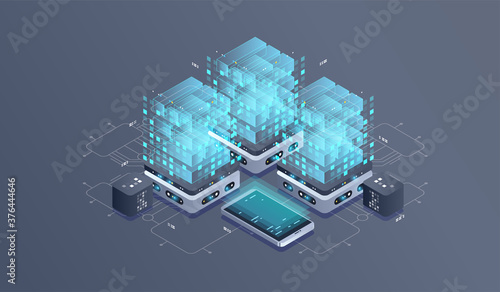 Technology isometric infographic design for quantum computer. Blockchain server concept, server room, database, information storage. Creative isometric concept.