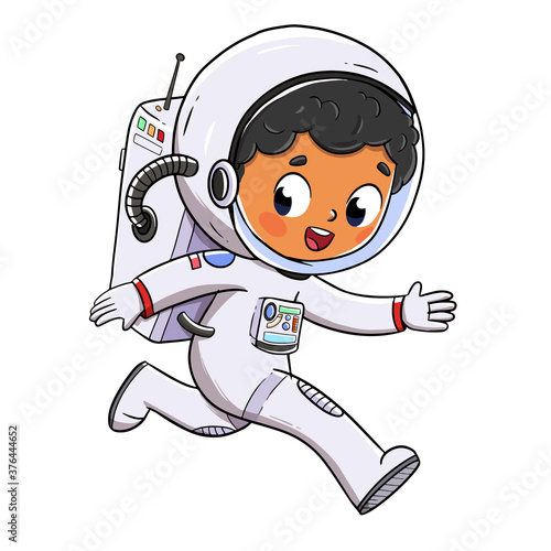Ilustración de un niño vestido de astronauta caminando feliz