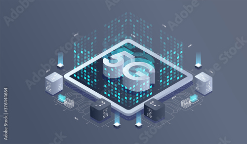 5G network wireless technology. Communication network, Business isometric concept.