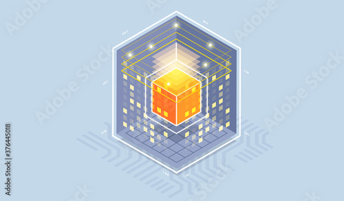 Technology isometric infographic design for quantum computer, artificial intelligence, Concept of big data. Digital information technologies.