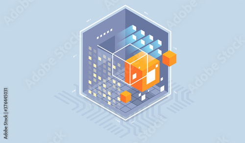 Technology isometric infographic design for quantum computer, artificial intelligence, Concept of big data. Digital information technologies.