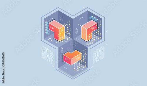 Technology isometric infographic design for quantum computer, artificial intelligence, Concept of big data. Digital information technologies.