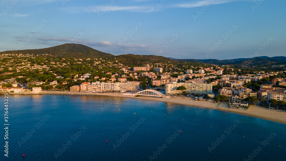 Aerial view of Sainte-Maxime seafront and its famous bridge in French Riviera (South of France)