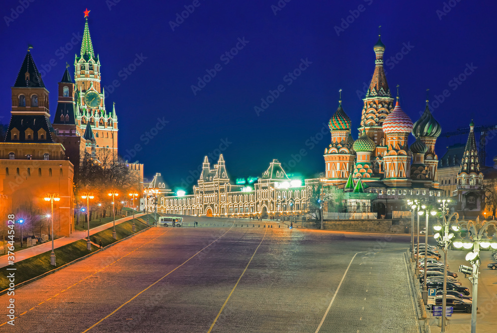 Vasilyevsky Descent near St Basil's Cathedral and Moscow Kremlin. View of the Red Square at night.