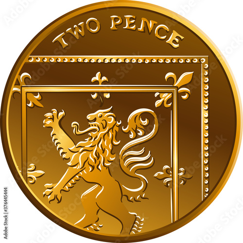 Vector British gold coin Two pee or 2 pence, reverse with Segment of Royal Shield