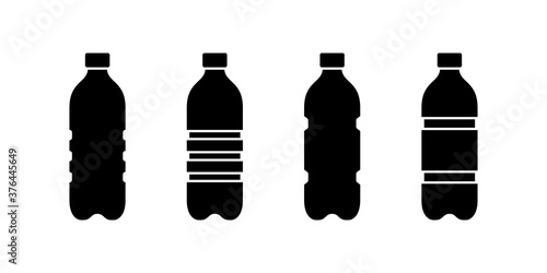 Plastic bottle silhouette icon set. Outline emblem of ribbed PET recycling packaging. Black simple illustration of tall container for water, liquid, oil. Flat isolated vector clipart, white background