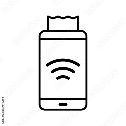 Online cash desk. Mobile device and cash register receipt. Electronic contactless purchase. Smartphone with invoice and touch payment function. Contour isolated vector, black and white linear icon