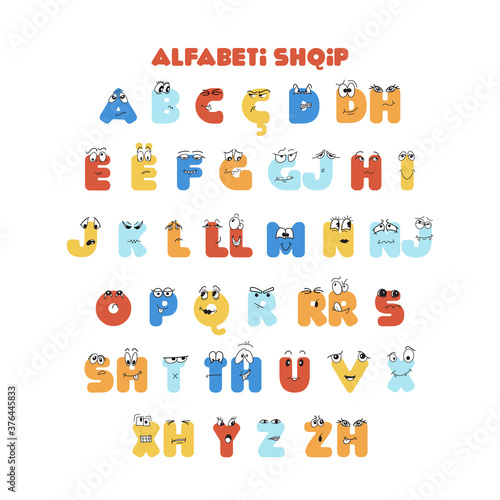 Albanian colorful alphabet for kids education with cute characters. Poster, banner for preschool, school, kindergarten, lesson, home education