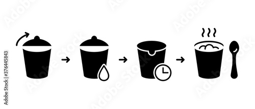Silhouette steps for brewing noodles in plastic packaging. Instant food cup instruction. Cooking soup, porridge, mashed potatoes. Black outline isolated icon. Flat vector illustration
